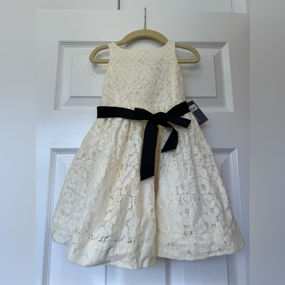 Girls Ralph Lauren Cream Dress with Navy Belt. New with tags from Bloomingdales